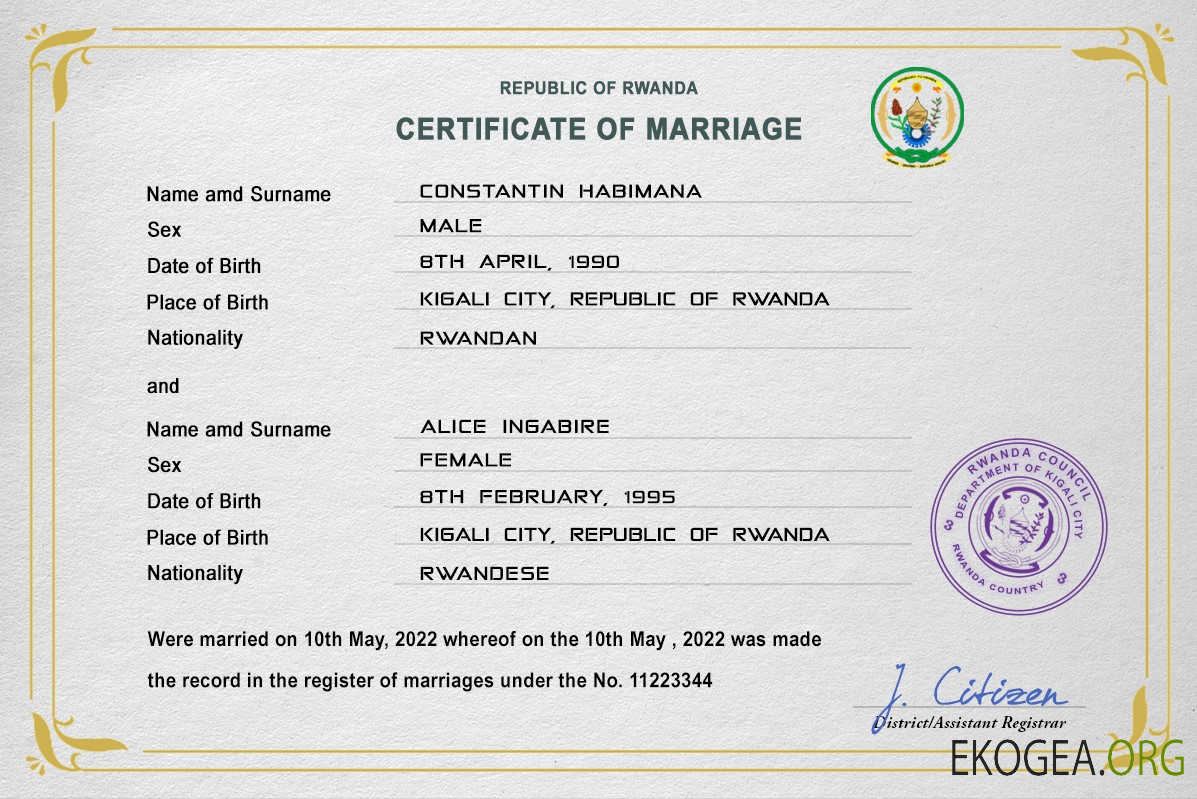 Modèle PSD de certificat de mariage au Rwanda